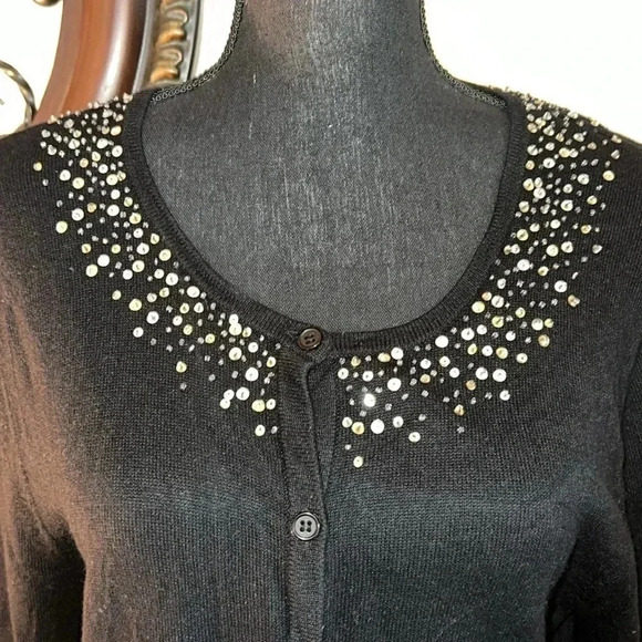 Garnet Hill Women’s Black Silk Cashmere Blend Sequin Collar Cardigan Large - Picture 2 of 13